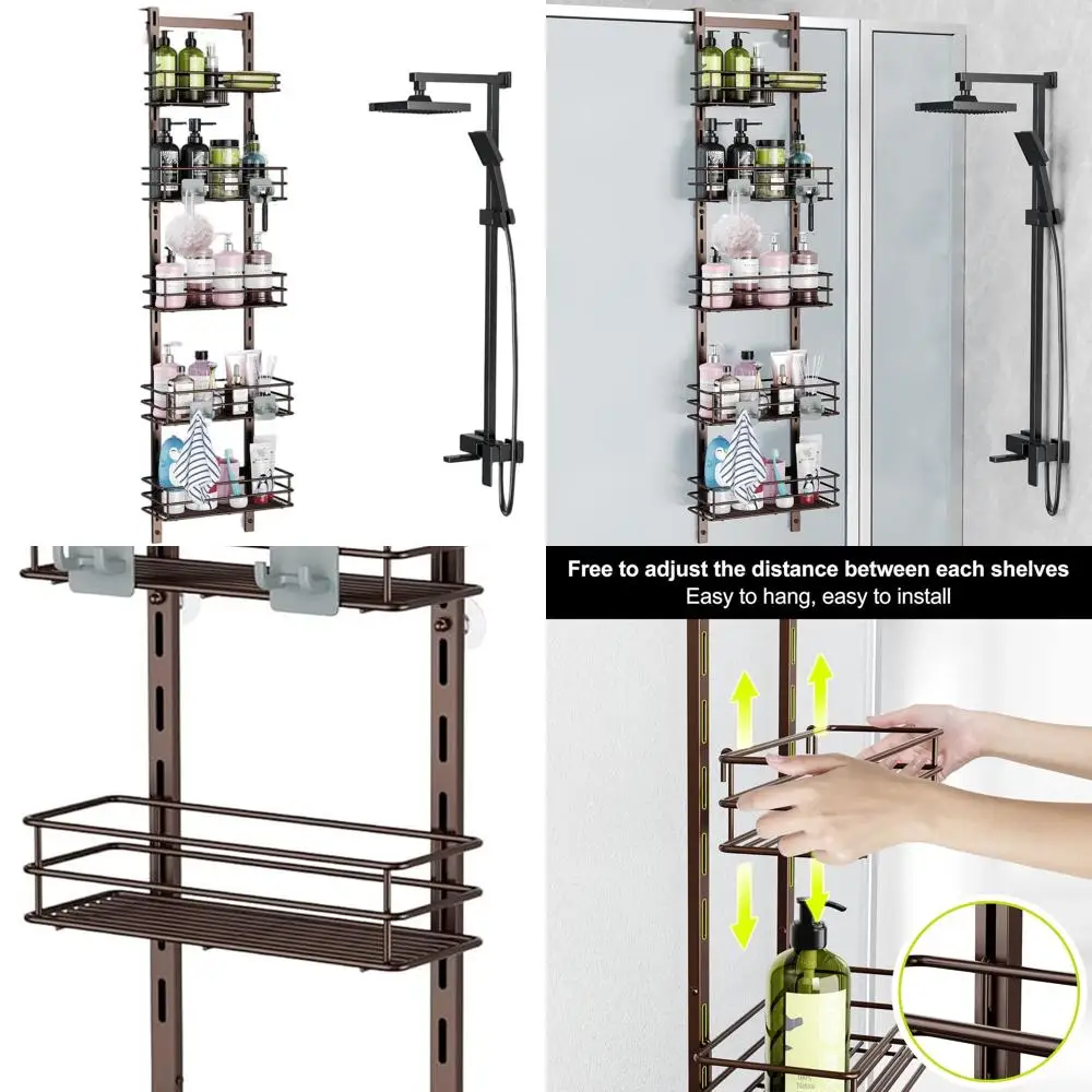 

Adjustable 5-Tier Bronze Shower Caddy with 4 Hooks, Rustproof Hanging Organizer, Shower Basket with Soap Holder and Suction Cups