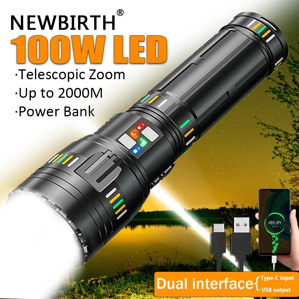 COB Ultra Powerful LED Spotlight Long Range Flashlight Fluorescent Absorbing Film Luminous Zoom Flashlight Camping Emergency