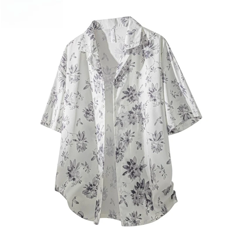 2025 Summer New Men's Beach Vacation Blue Purple Short Sleeve Shirt Trendy Couple Thin Loose Dark Green Khaki Shirt