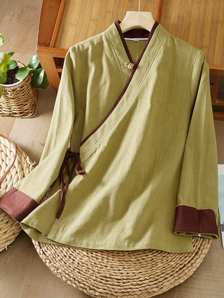

Retro Cotton Linen Hanfu irt Women's Long Sve Tie-Detail Collar Traditional Chinese Sle Loose Fit Breathable Top