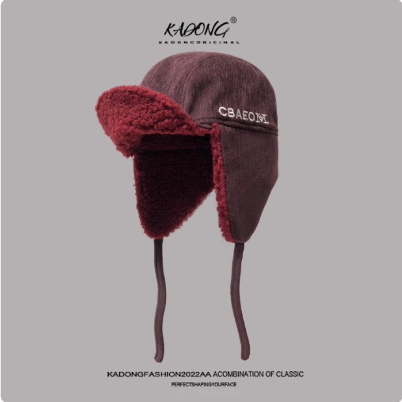 Japanese Vintage Corduroy Embroidered Letter Flying Cap Winter Men and Women Outdoor Cycling Warm Lambswool Lace-up Bomber Hats