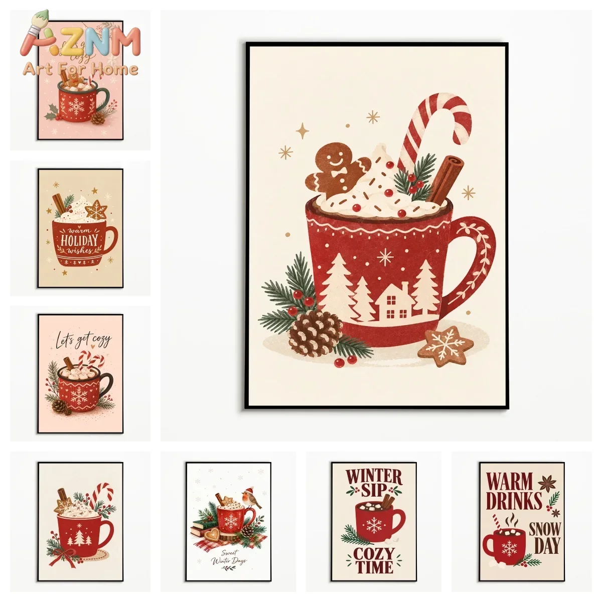 AZNM Christmas Hot Cocoa Mug Canvas Wall Art Gingerbread Man Candy Cane Winter Holiday Print Painting Xmas Kitchen Living Room H