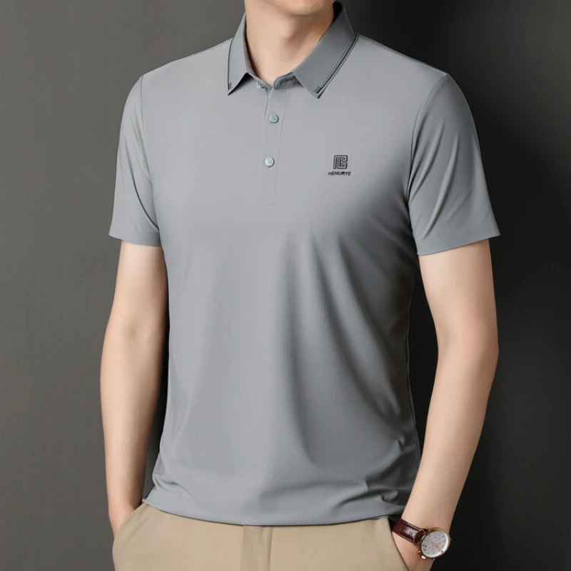 Gray Men\'s Cool Golf, Business Casual Polo Shirt，2024 Summer New Seamless T-shirt, Fashion Popular Lapel Short Sleeve