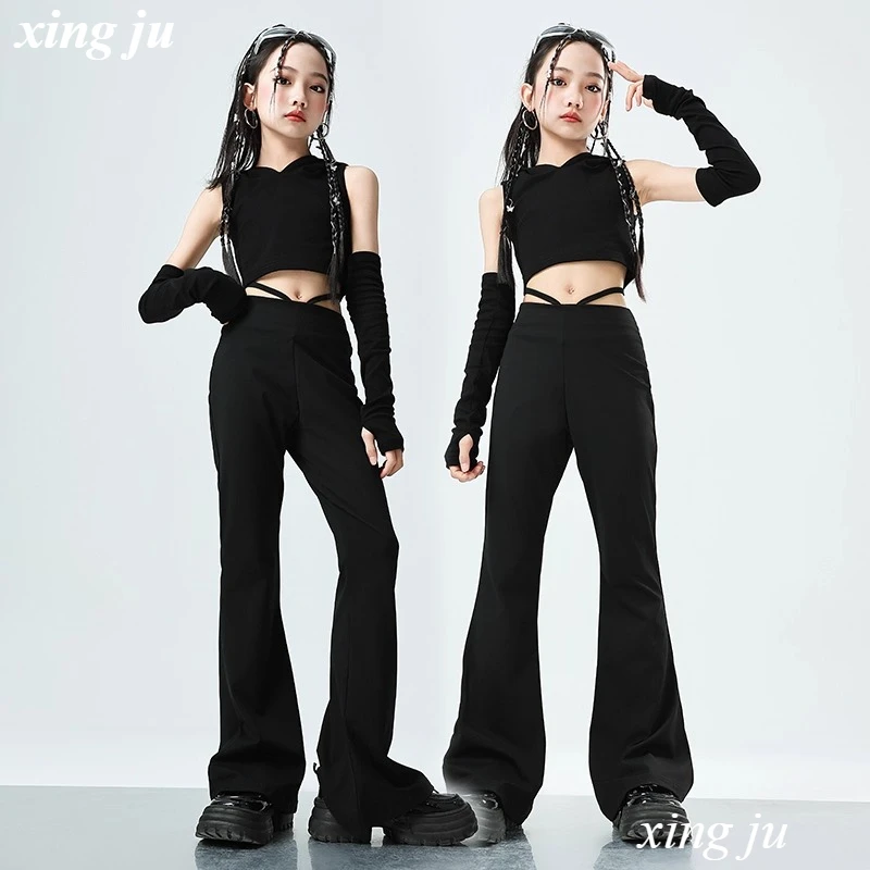 Girl Black Tight Flared Trousers Jazz Costume Children Street Dance Hip Hop Hooded Short Vest Kids Stage Performance Show Sets