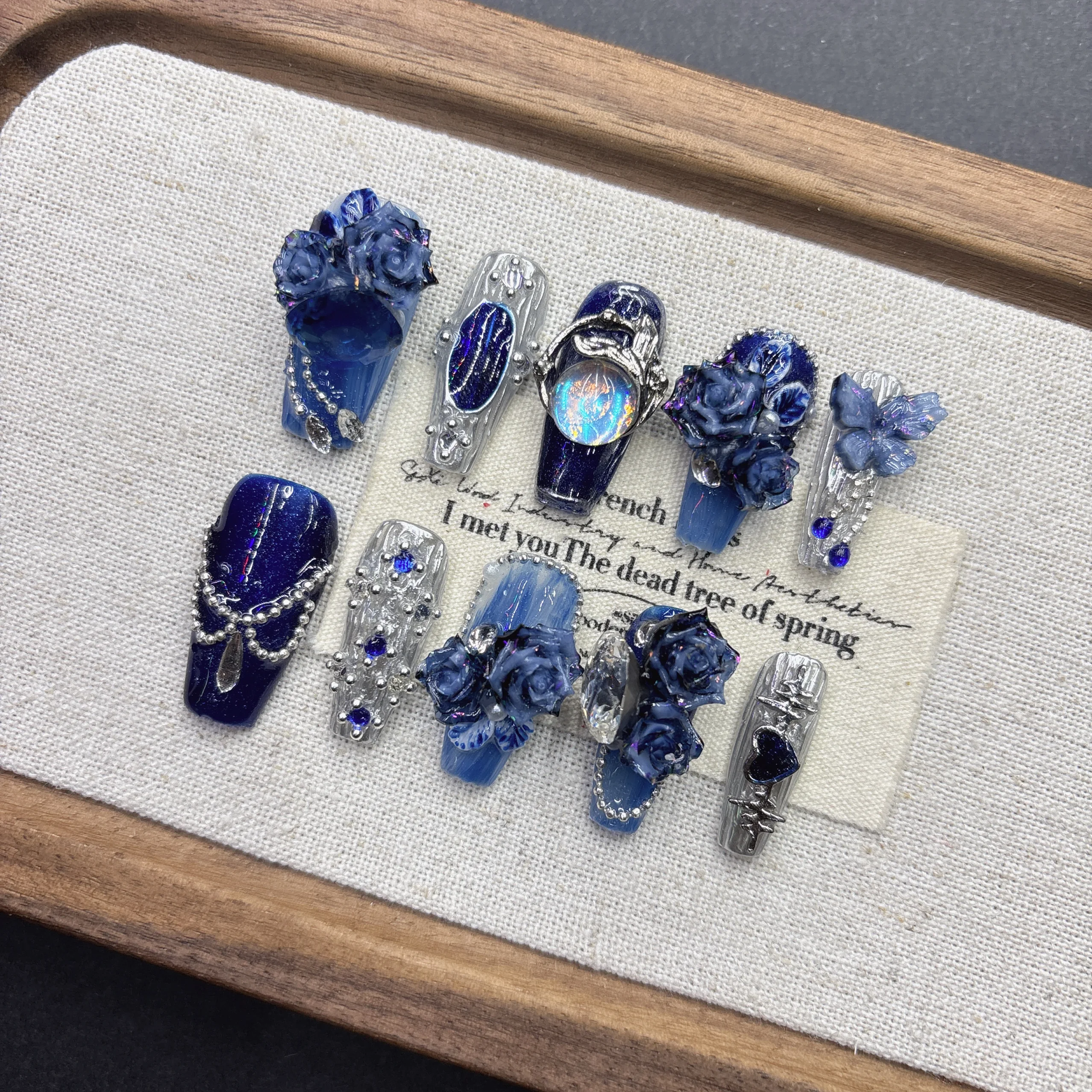 Deep Blue Dream Court Press On Nails 3D Rose Iridescent Rhinestone Flexible Resin Multiple Sizes Ideal for Court Outfits Dinners