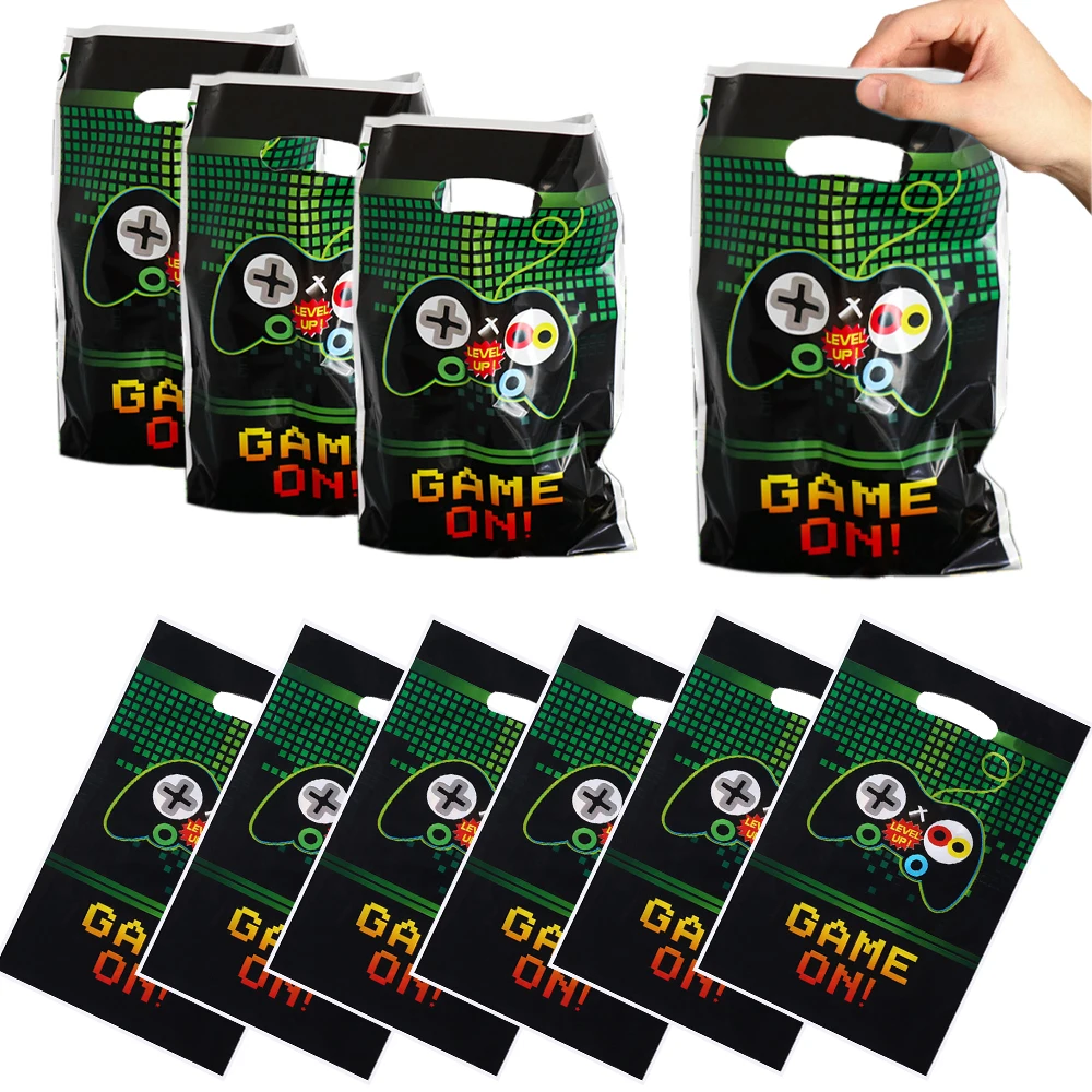 10/40pcs Video Game Party Favor Bags Set Game On Plastic Snack Gift Bags with Handle Gamer Treat Candy Goodie Handbag for Kids