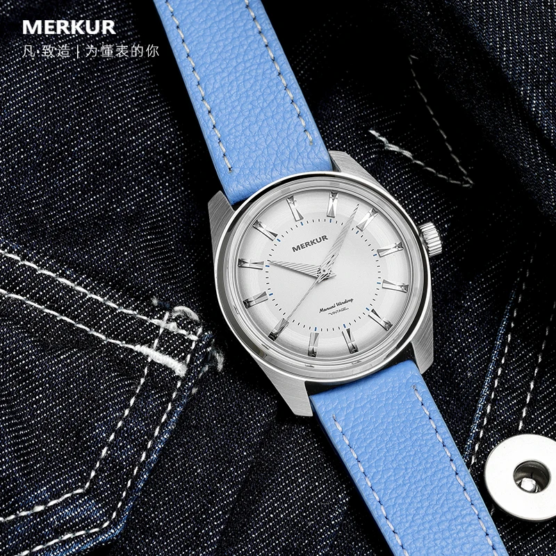 38mm MERKUR Rubis Retro Big Second Mens Dress Mechanical Hand Wind Watch Men 50m Waterproof Leather Watches