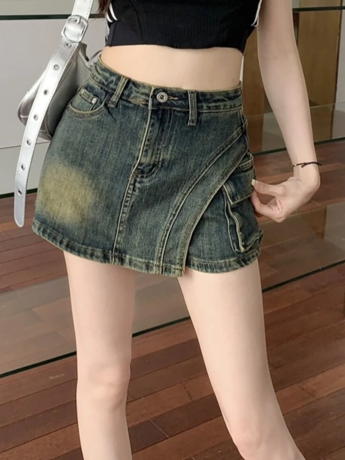 

Retro Denim Skirt Women's 2025 New Small Design Sensation Irregular Large ket Spicy Girl ort Skirt Pant Skirt