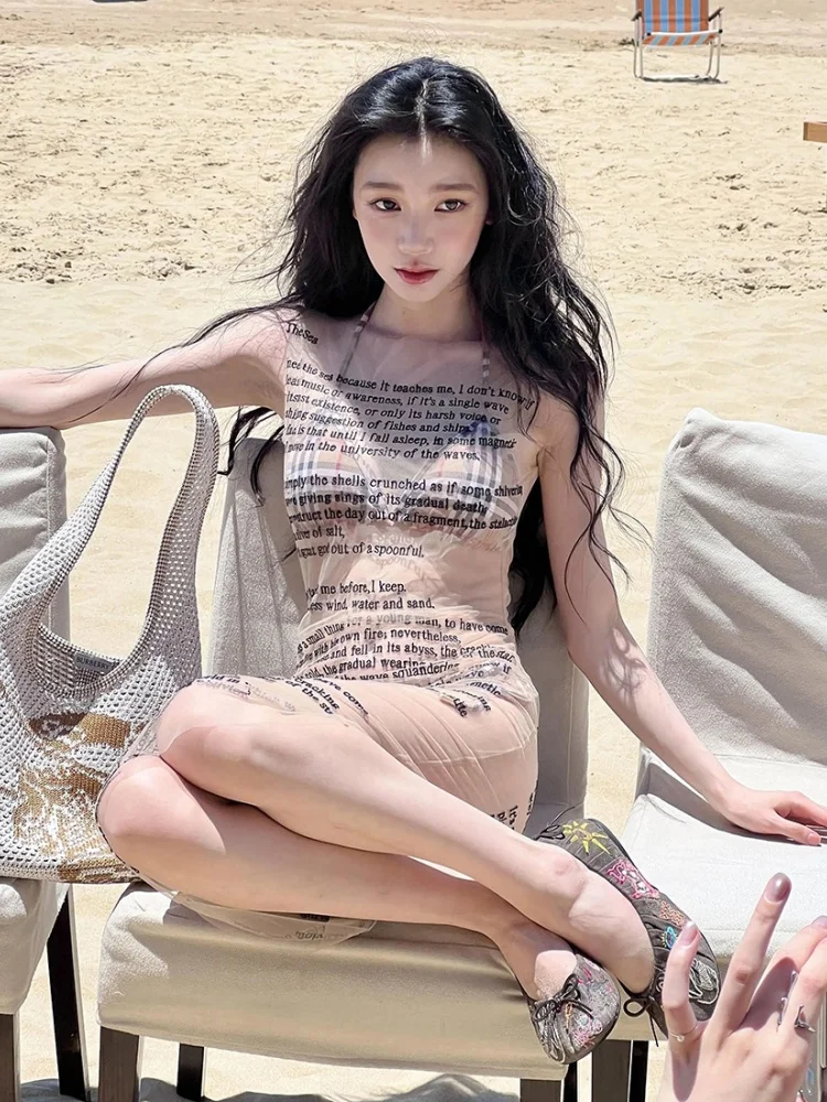 Abito aderente con stampa di lettere per le donne Copricostumi da spiaggia Maglia trasparente One Piece Y2k Vestiti Abiti senza maniche De Mujer