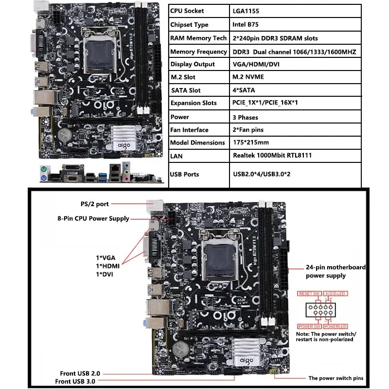 Aigo B75M Motherboard Intel B75 Socket LGA 1155 I3 I5 I7 Dual-channel DDR3 SATA3 USB3.0 M.2 NVME Desktop Computer PC Motherboard