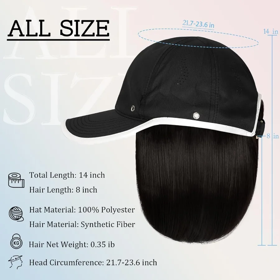 قبعة بيسبول مقاومة للماء مع نمط شعر بوب مستقيم، تاج ناعم قابل للتعديل، قبعة سريعة الجفاف للنساء، شعر صناعي قصير 14 بوصة
