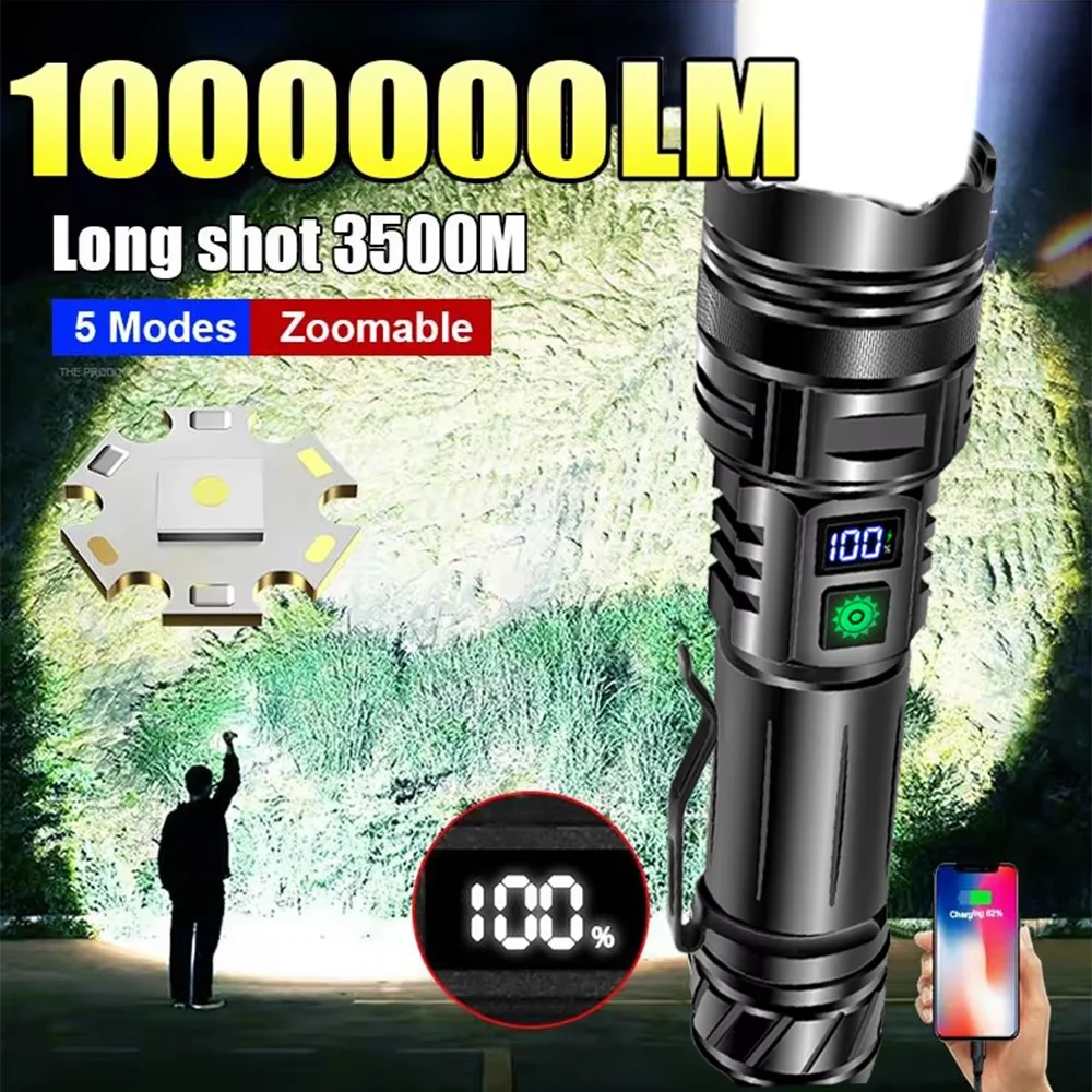 1000000LM High Power Led Flashlight Rechargeable Long Range 3500M Long Range Ultra Powerful Flashlight Outdoor Camping Lantern