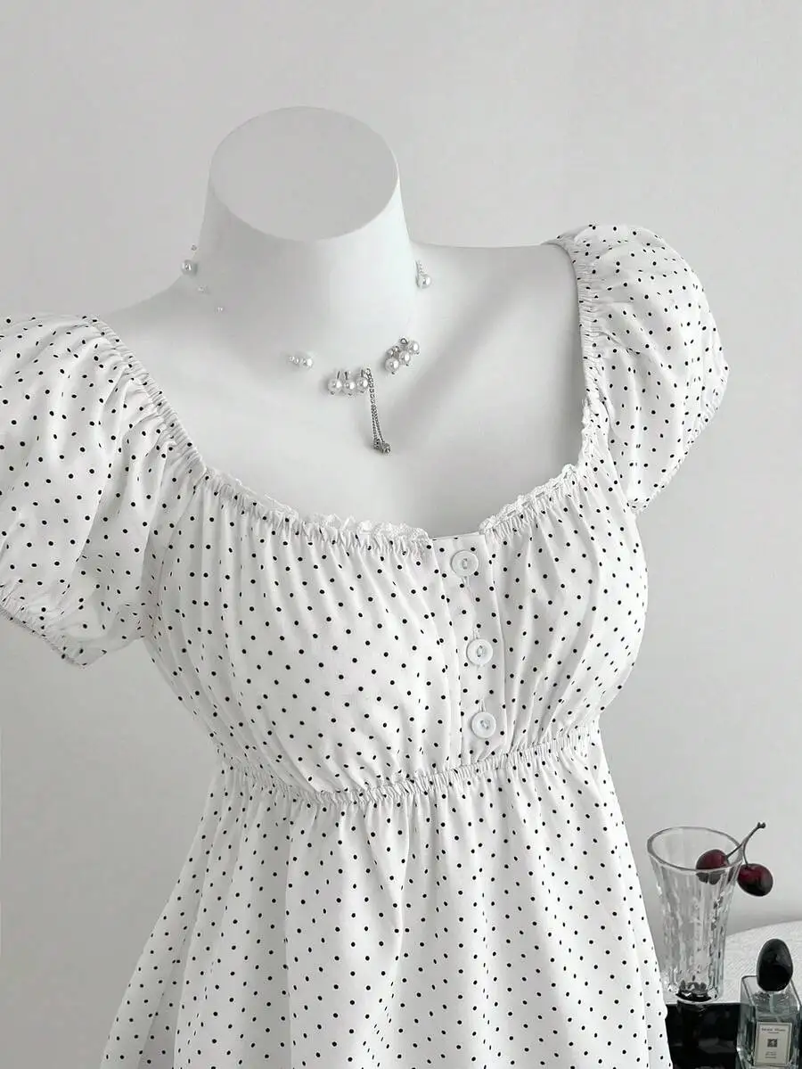 

Women's White Polka Dot Square Neck Puff Sleeve Button Front Blouse