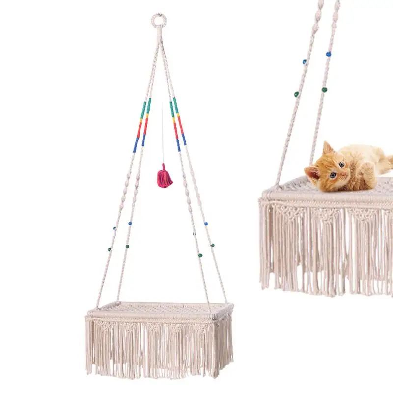 Macrame Cat Swing Bed Cat Bed Basket  Hand Woven Tassel Basket  Cat Hammock Swing Nest Braided Strong Rope Pet Cat Accessories