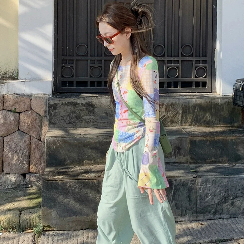 Mesh T-shirts Women Sunproof Colorful Print Patchwork Spring Summer Thin Hotsweet Flare Sleeve Slim Tops Design Outerwear Chic