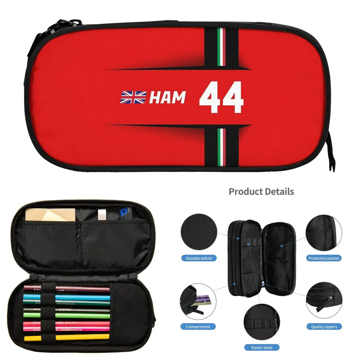 F1 2025 - # 44 حافظة أقلام هاميلتون للطلاب صندوق القلم المدرسية حقيبة أقلام رصاص ذات سعة كبيرة وحامل قلم رصاص