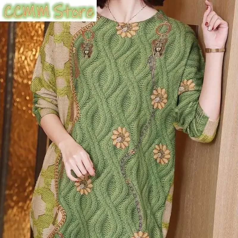 

Korean Fashion Printed Knitted Sweaters Autumn Winter Casual Round Neck Female Clothing Loose Commute Basic Long Sleeve Jumpers