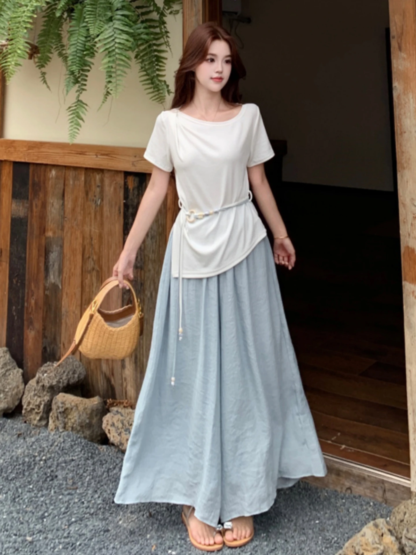 

Summer Outfit Women's plus Size Irregular Belted Wide Leg Pants Skirt Two Piece Set Fashionable Casual Style High Waist