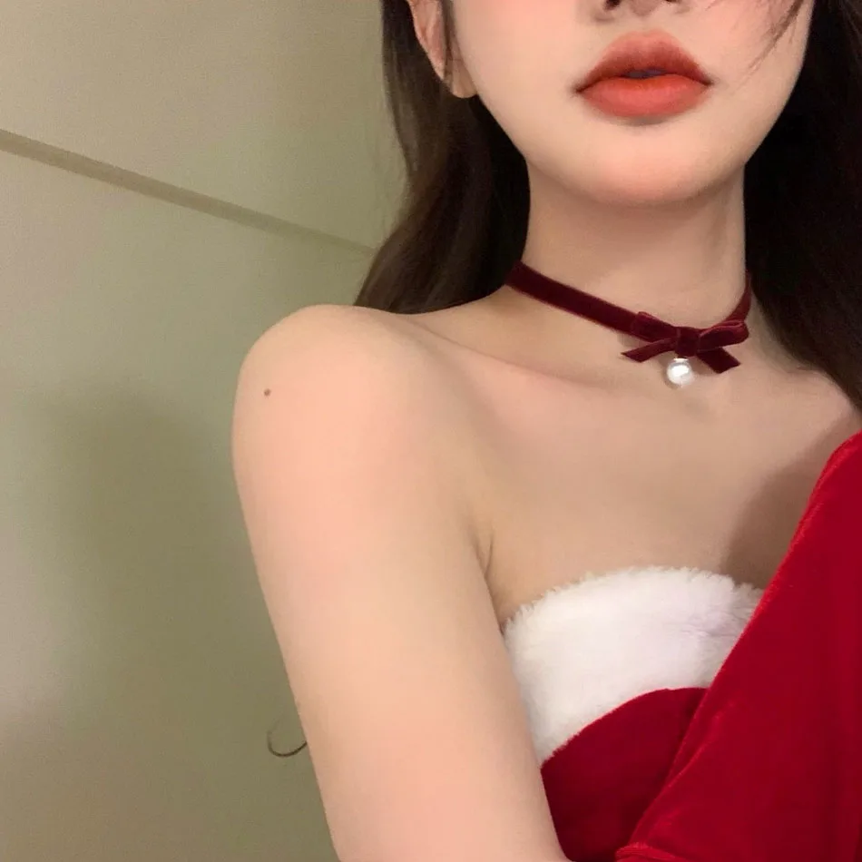 Red & Black Sexy Velvet Pearl Pendant Choker for Women Bow Neck Clavicle Necklace Lady Jewelry Accessories Girl Gift Lace Gothic