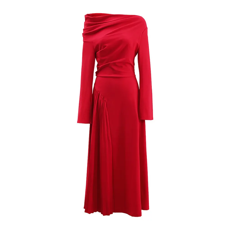 

Hepburn style autumn new line shoulder socialite temperament design sense pleated waist slim-fit long-sleeved dress