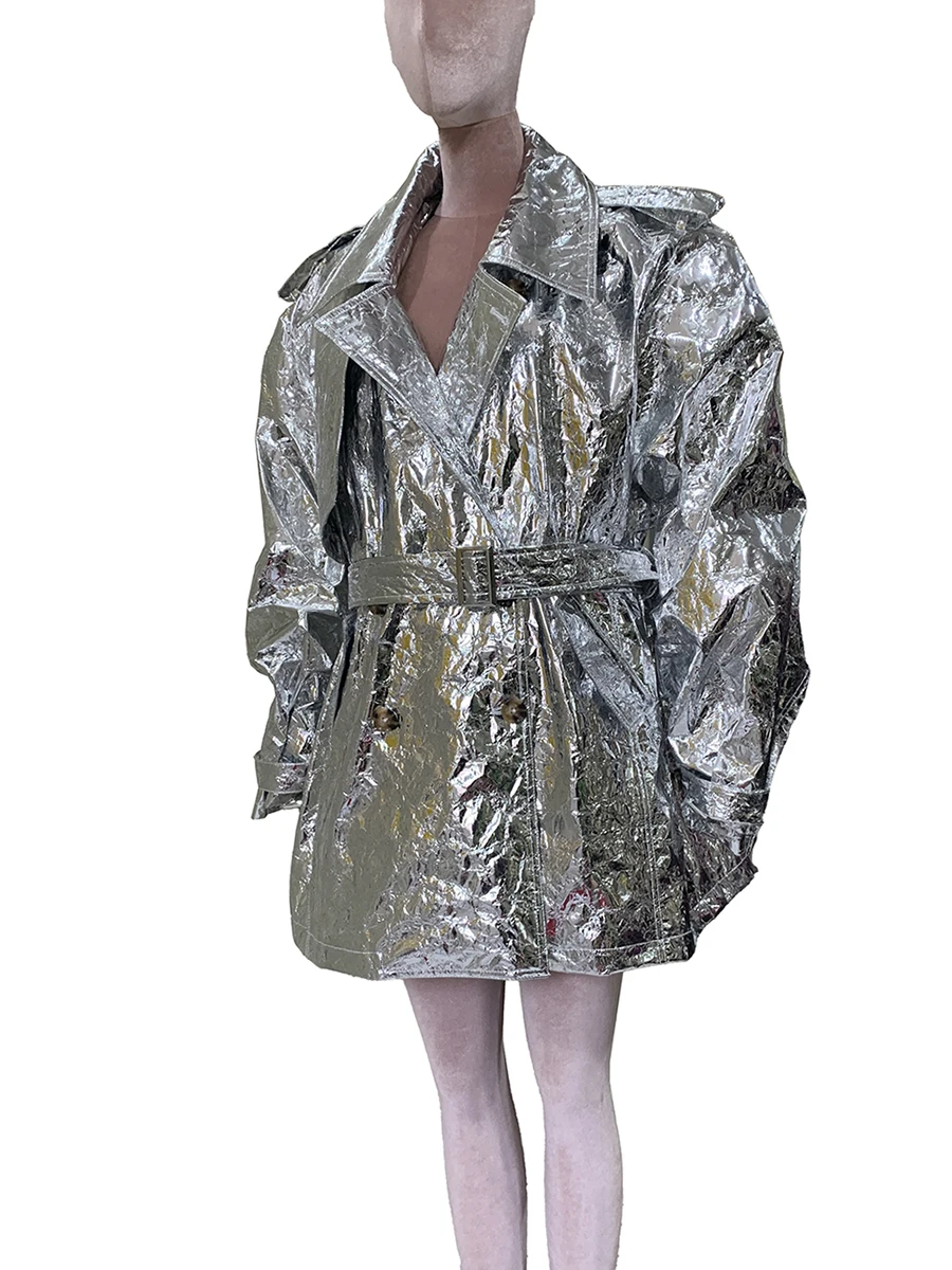 

Spring Autumn Cool Oversized Shiny Silver Trench Coat for Women Belt Long Sleeve Loose Luxury Designer Clothes Y2K Streetwear