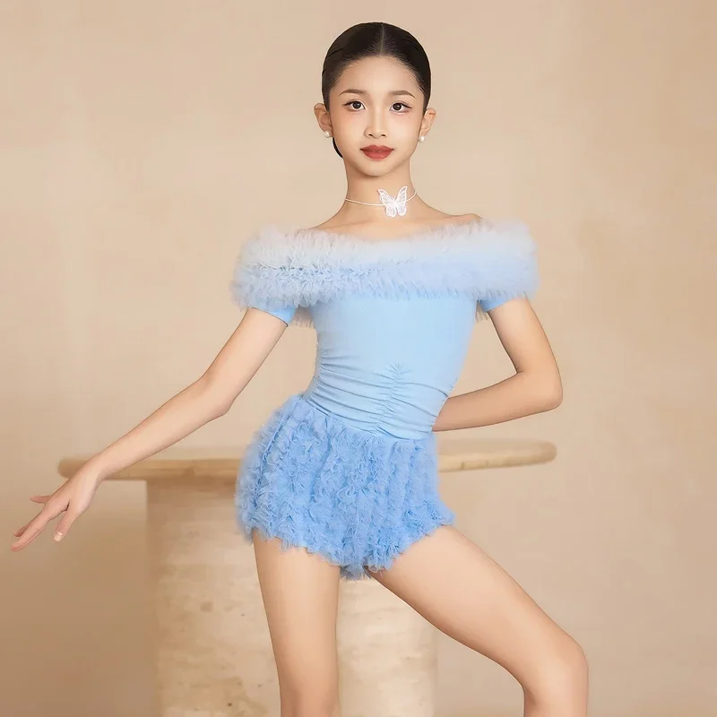 

Cute Girls Latin Dance Costume One Shoulder Latin Top Fur Skirt Children'S Latin Dance Professional Clothes Training Suit