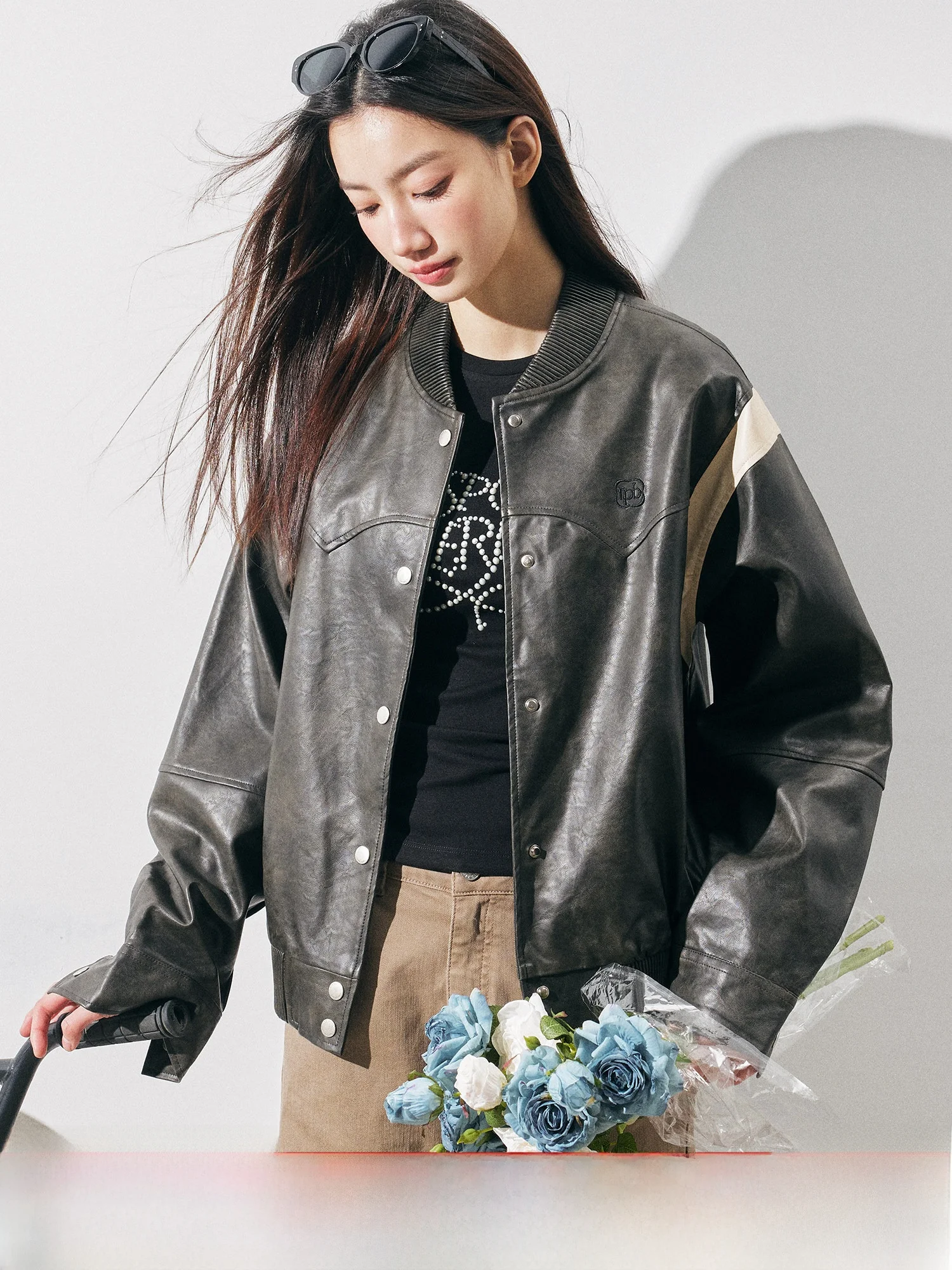 RPB Brand American Waed PU Leather Jaet Loose Fit Splice Color Blo Cappotto da baseball Cappotto da donna Faion