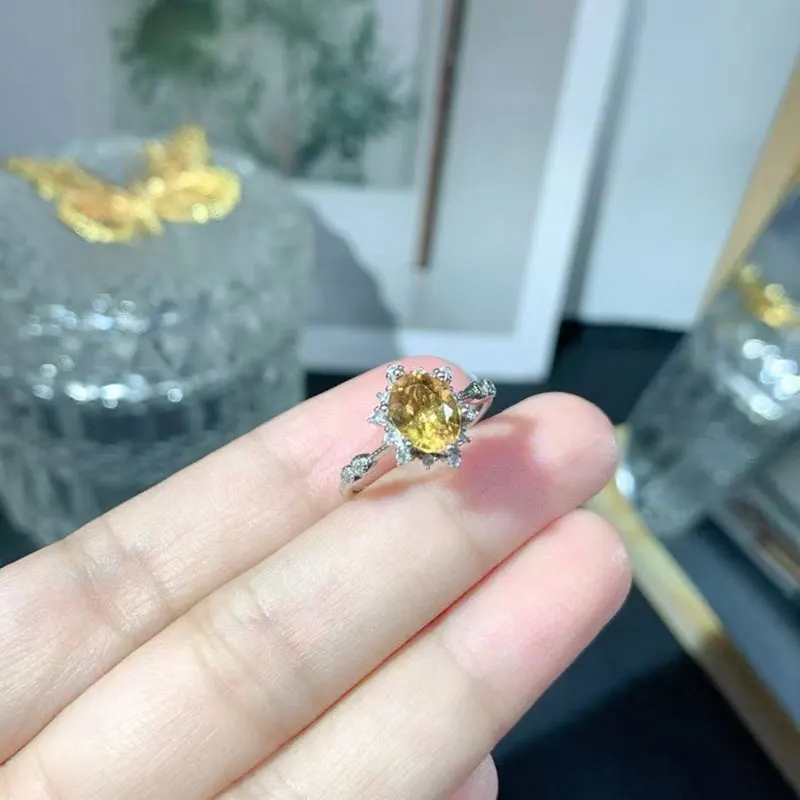 العتيقة نظرة 925 الفضة سيترين خواتم 6 مللي متر * 8 مللي متر 1ct السترين الطبيعي مجوهرات 18K مطلية بالذهب الأصفر كريستال الدائري