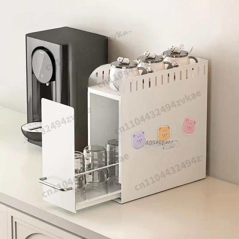 Kitchen Pull-Out Cup Storage Box Dust-Proof Countertop Narrow Spice Jar Holder Thermos & Teacup Storage Rack