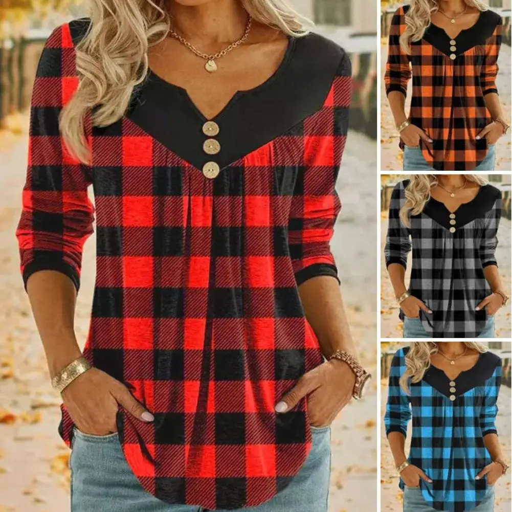 

Women Tunic Tops Stylish Women's Christmas Plaid Blouse V-neck Tunic Tops with Long Sleeves Button Decorations Mid-length