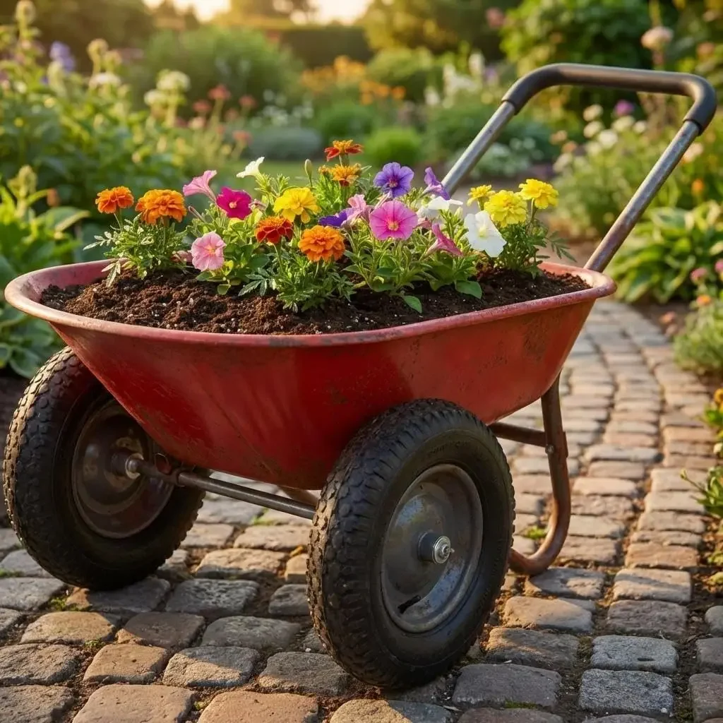 Garden Wheelbarrow Cart, Heavy Duty Utility Cart with Dual Wheels and Built-in Stand, Iron and Plastic Yard Cart for Home