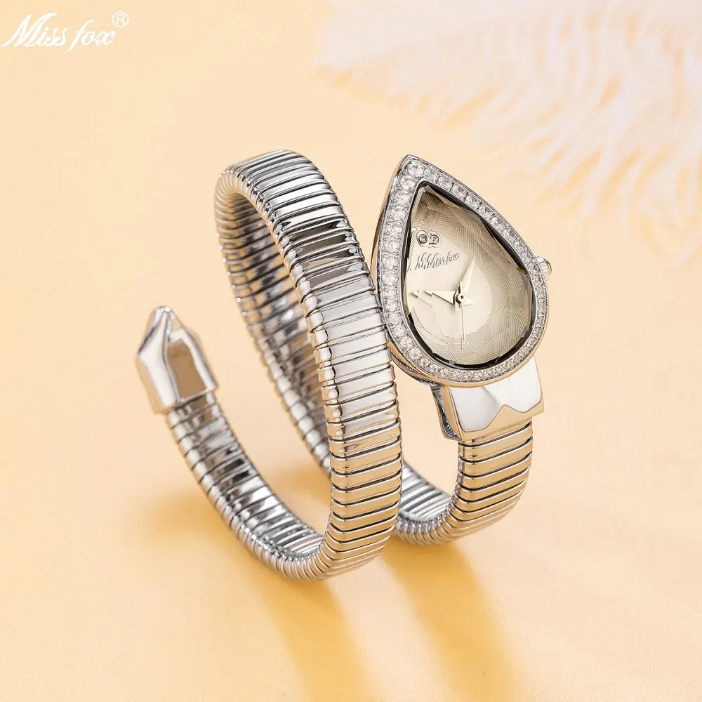 MISSFOX Snake Shape Diamond Watch For Women Luxury Brand White Dial Ladies Gold Iced Out Watch Analog Quartz Movt Unique Watch