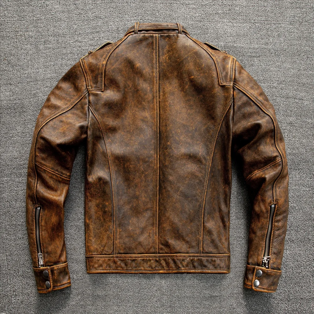 CC Shop.oil Vintage yellow.100% natural cow leather coat.us retro