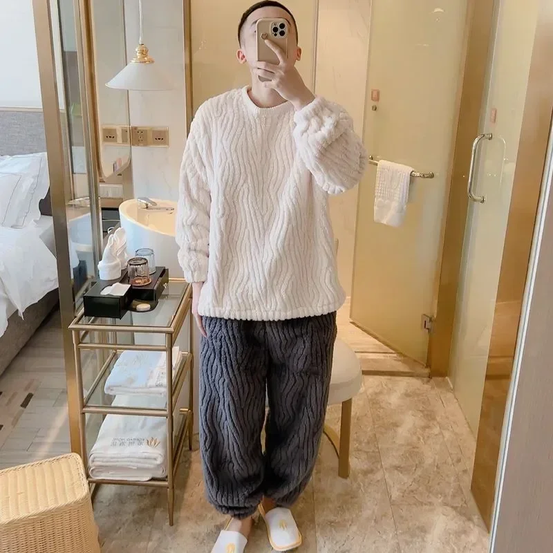 Loose Warm Homewear Sleeve Fleece Piece Set Sets Thick Neck Winter Fashion Solid Pajama Men's Coral Long 2 Color