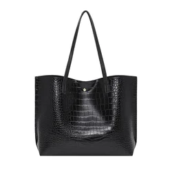 Simple Crocodile PU Leather Shoulder Bag for Women Fashion Handbags Large Capacity Retro Bucket Bag Black Shopping Tote Bag