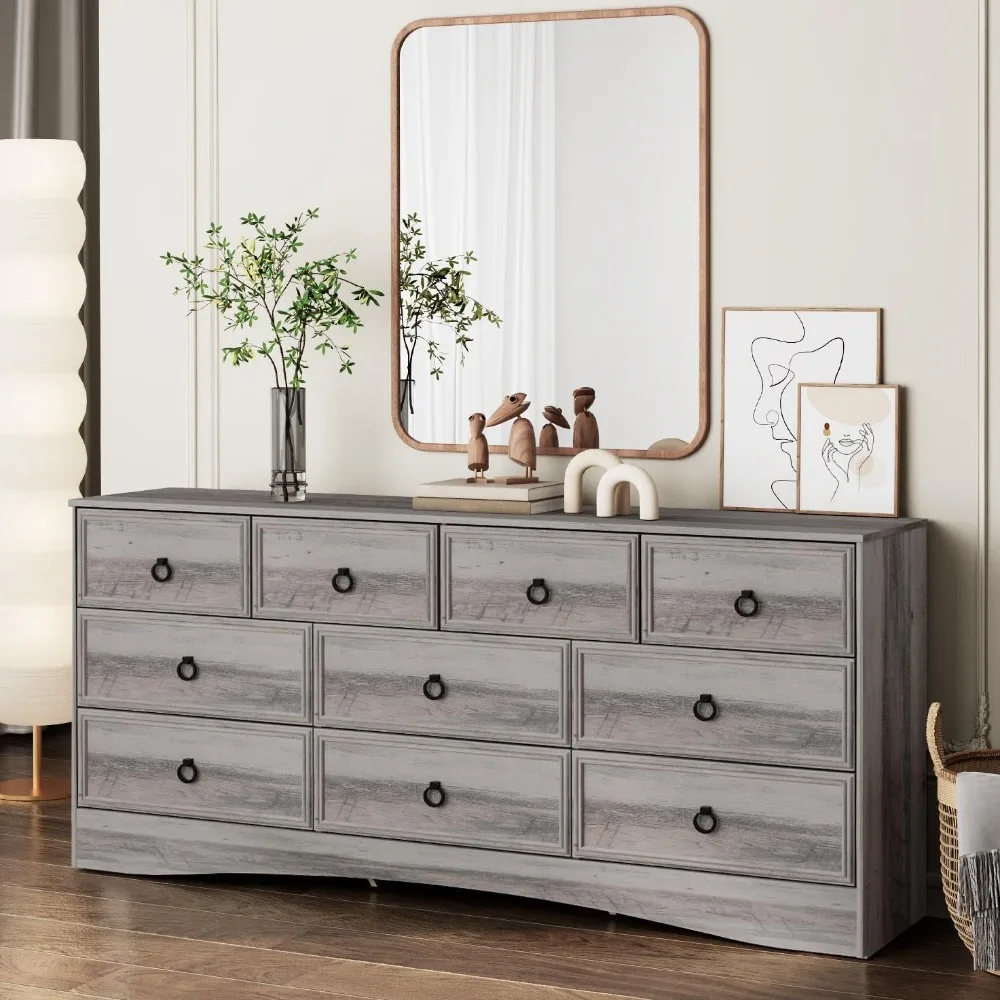 

63”W Dressers for Bedroom, Grey Dresser with 10 Deep Drawer, Dressers & Chests of Drawers, Long Dresser for Clothes