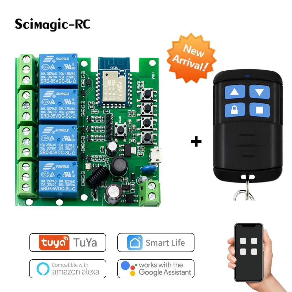 Tuya 4CH AC/DC7-32V AC85-250V Inching WiFi Smart Switch Module With RF433 Remote Work With Alexa Google Home