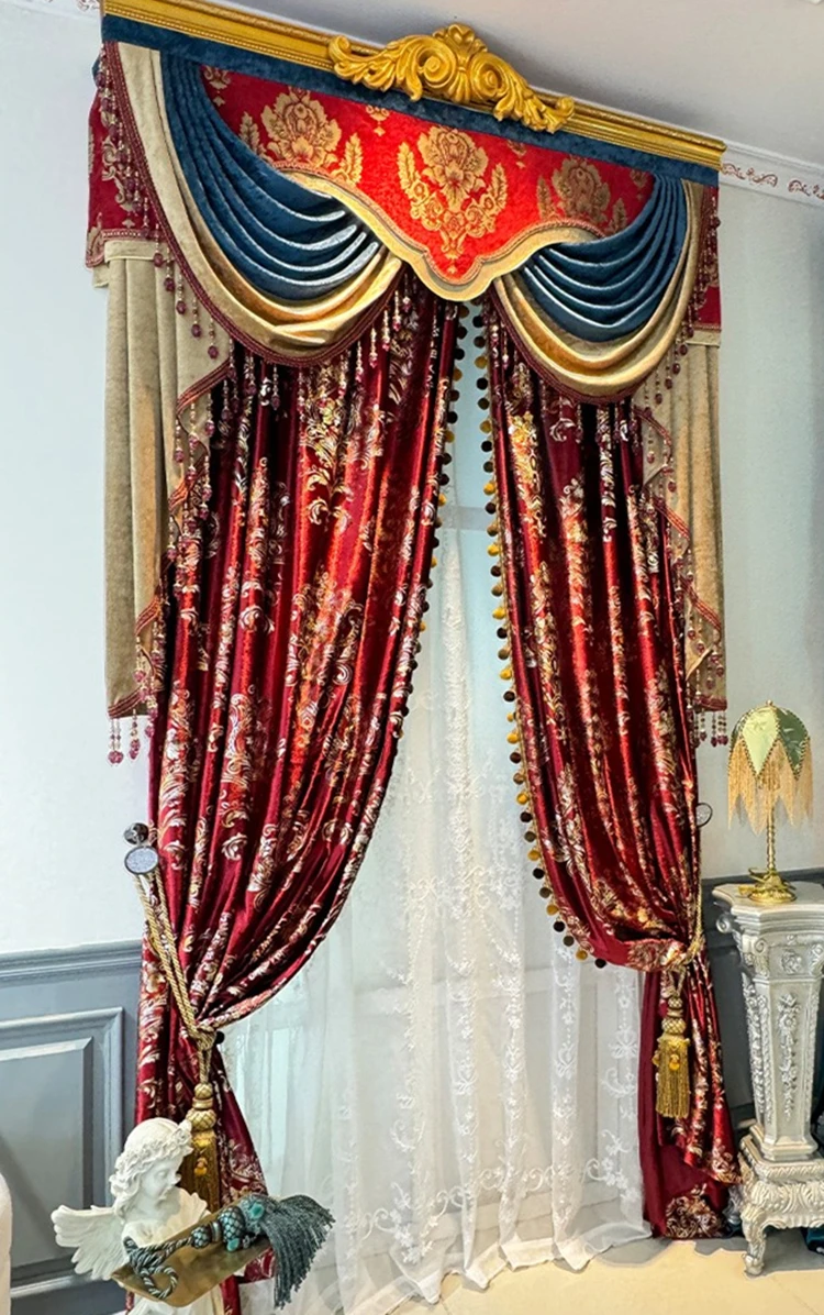 Custom bedroom living room French Bordeaux wine red velvet printed thick cloth blackout curtain tulle valance drape C1831