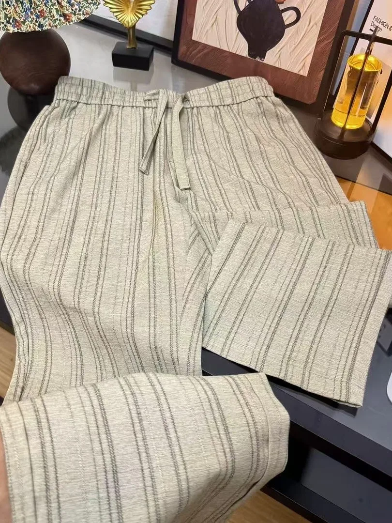 

Spring Summer Men's Casual Loose Fit Stripe Linen Feel Straight Leg Trousers Versatile Classic Preppy Style Fashionable Long ...