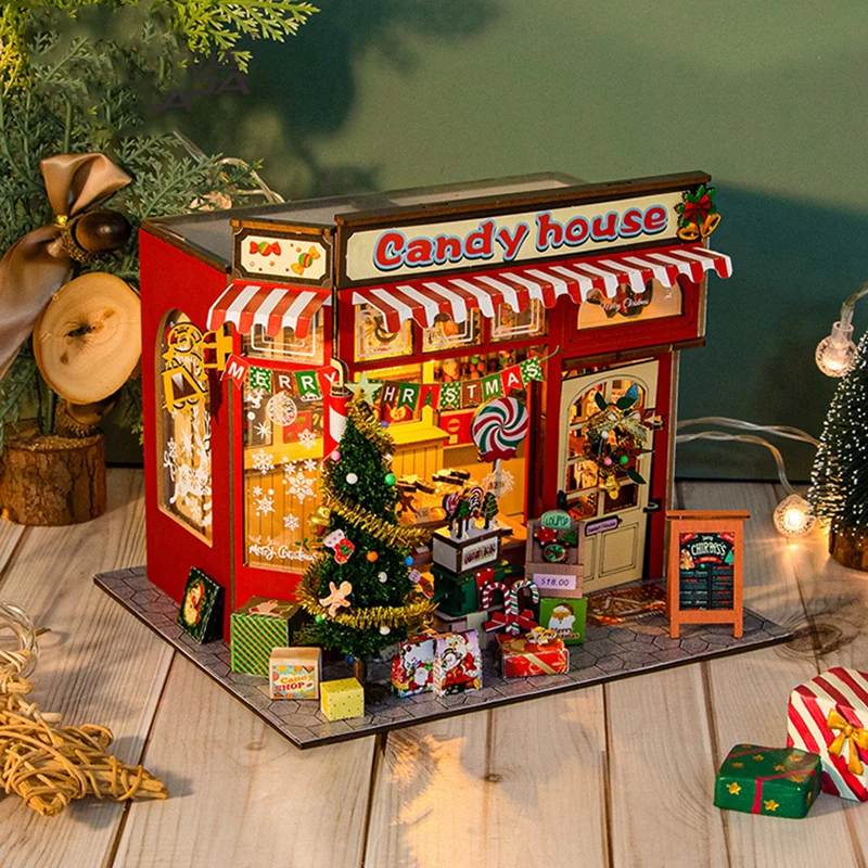 DIY Drewniany Domek dla Lalek Domki Cukierkowe Model Miniaturowy Zestaw Mebli Zabawka do Składania 3D dla Dzieci Dorosłych Prezent na Boże Narodzenie Casa