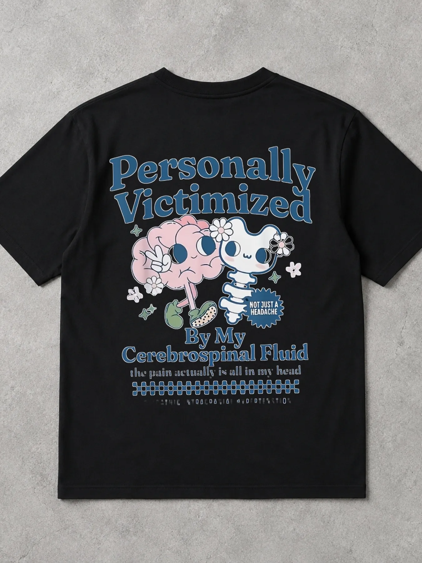 T-shirt graphique rétro pour hommes, chemise décontractée d'été à coupe ample, imprimée avec un cerveau et un squelette mignons, et un texte associé aux maux de tête