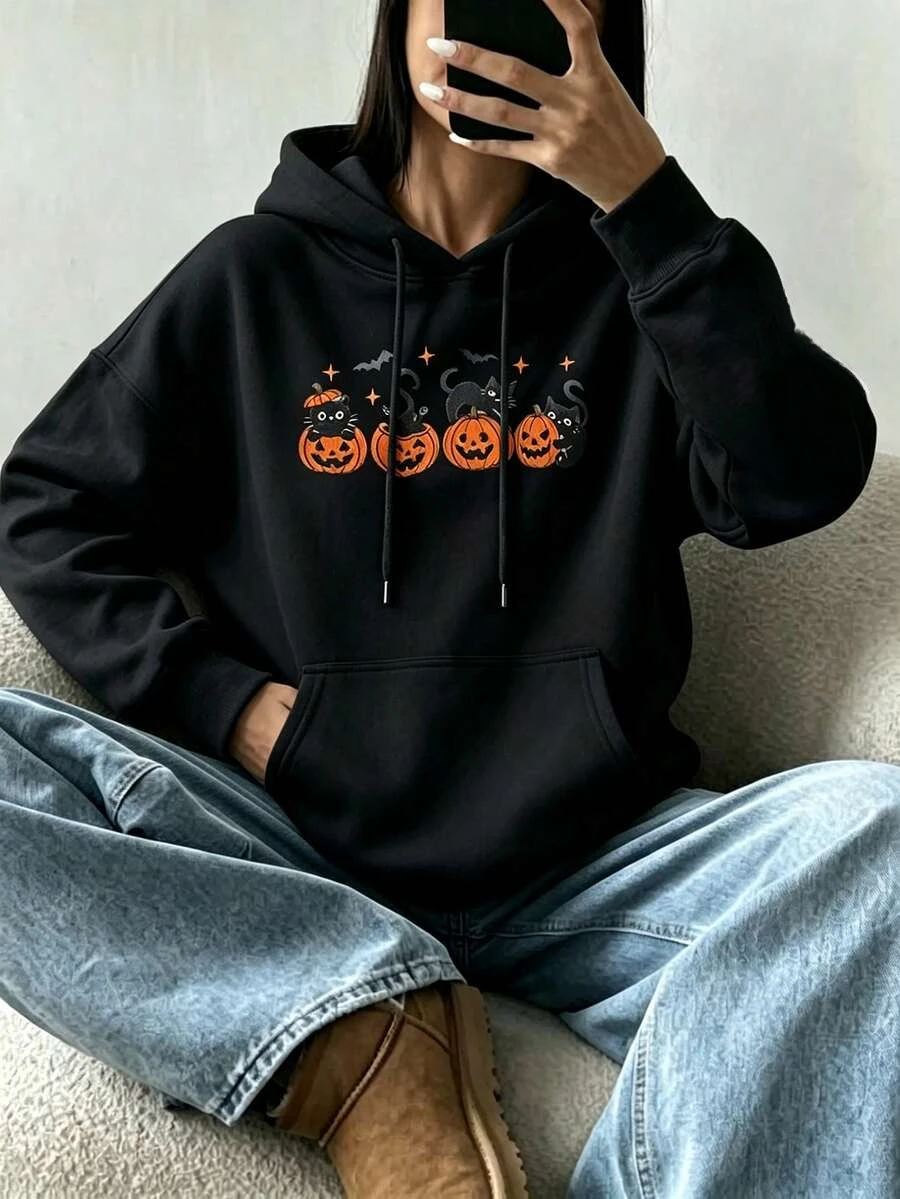 Women's Plus Size Hoodie Dual‑Sleeve Chest Black Cat Pumpkin Print Soft Fleece Halloween Oversized Sweatshirt