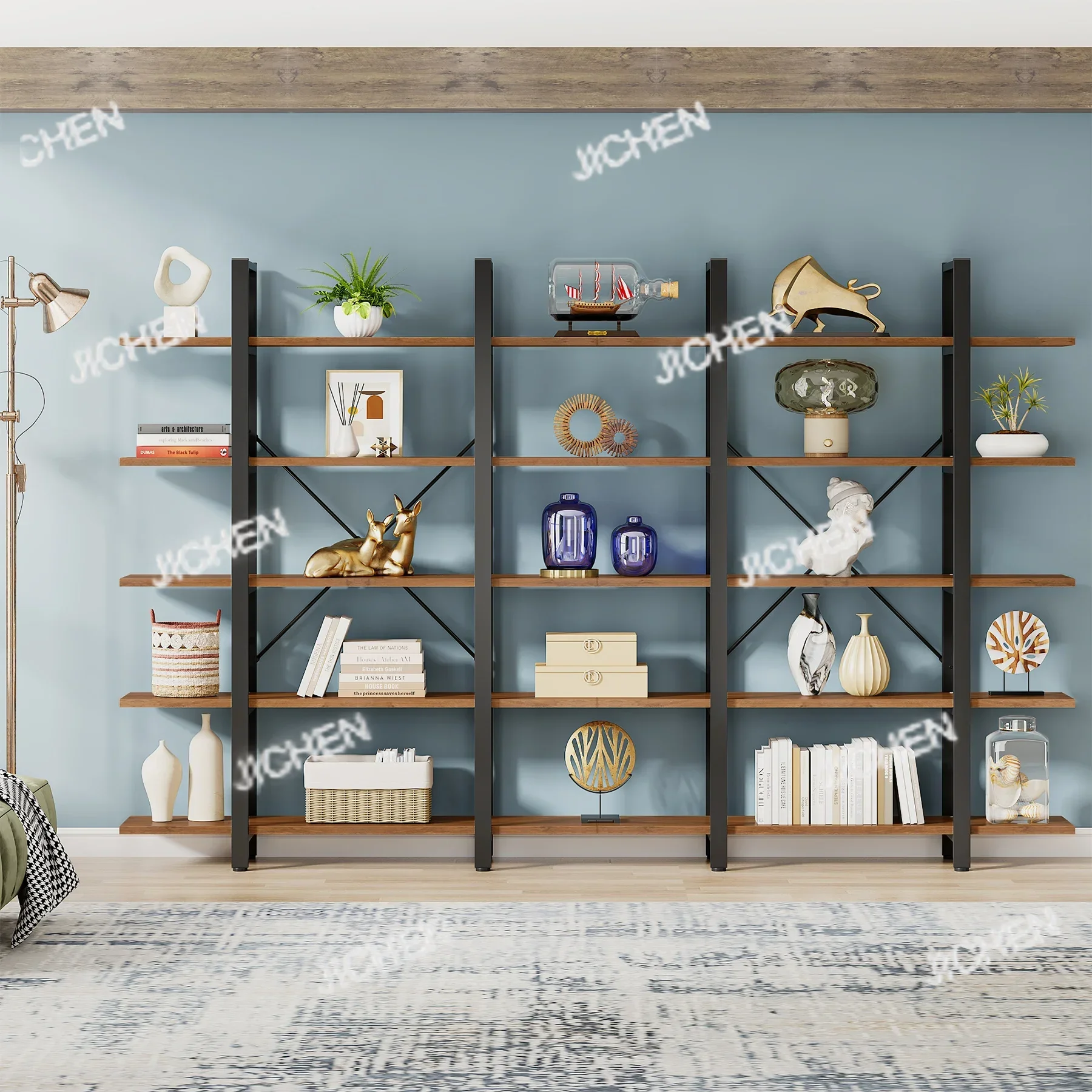 رف كتب JC مكون من 5 طبقات، خزانة كتب على الطراز الصناعي العتيق 72 ارتفاع × 12 عرض × 47 لتر بوصة، بني قديم #4