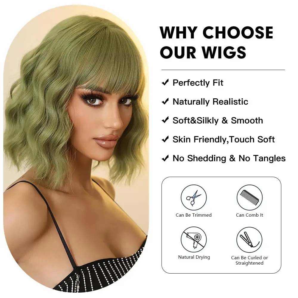 LOUIS FERRE Green Wigs for Women Short Wavy Bob Wig with Bangs for WomenShort Synthetic Wigs Heat Resistant Fiber Hair for Daily