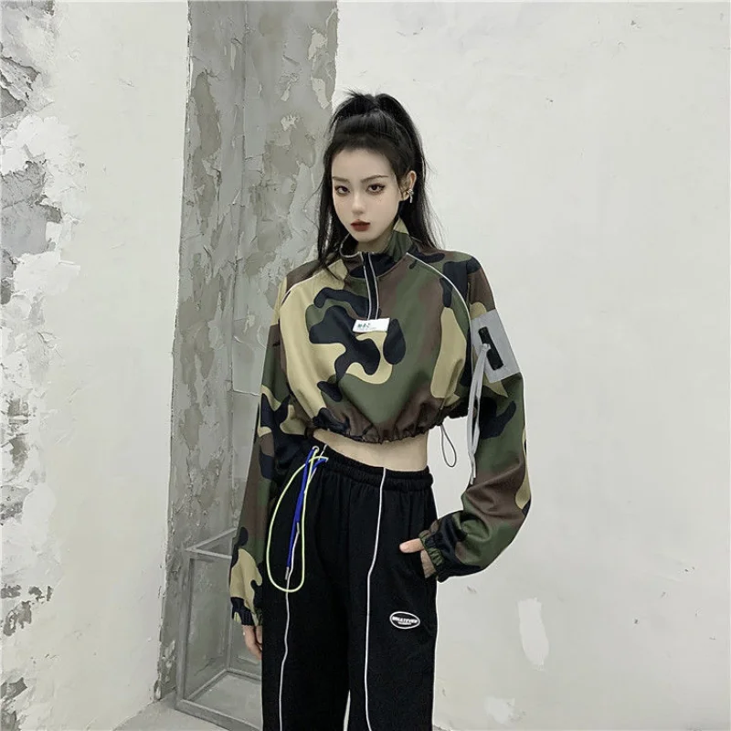 Hikigawa Chic Fashion Women Harajuku All Match Camouflage Pullover Sweatshirts Streetwear Casual Y2k Outerwear Crop Tops Mujer