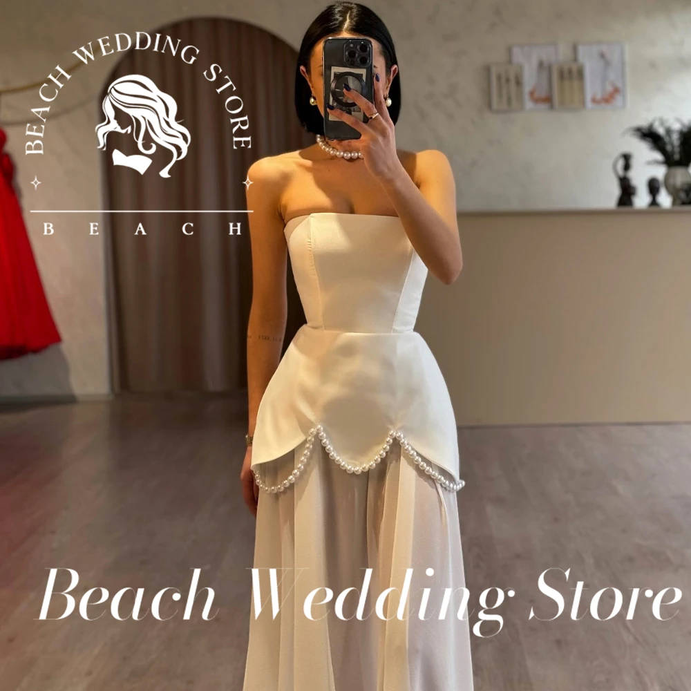 Beach Strapless Sleeveless Simple Elegant Floor Length Wedding Dress for Women 2025 Satin A-Line Backless Bridal Gown Customized image 2