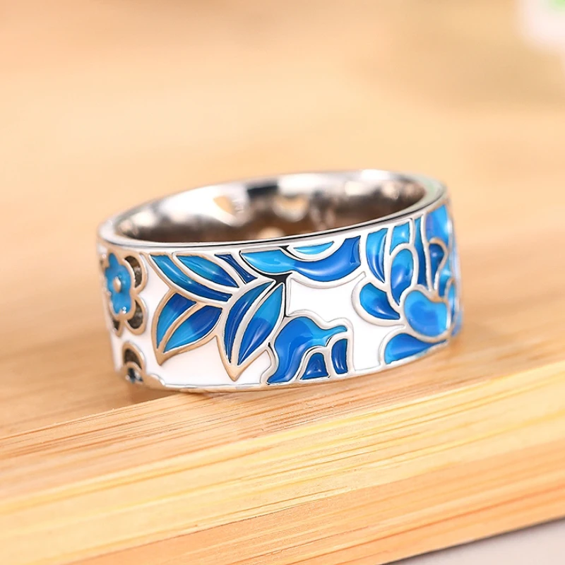Huitan Delicate Blue Flower Finger Ring Female Anniversary Party Jewelry Aesthetic Graceful Accessories for Engagement Ceremony