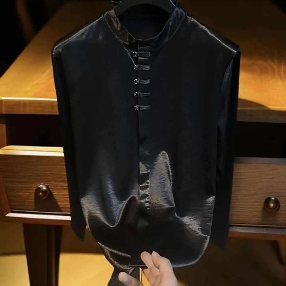 

2025 зимняя новая мужская однотонная рубашка с длинным рукавом в китайском стиле ретро, модный свободный повседневный нишевый мужской топ High Street