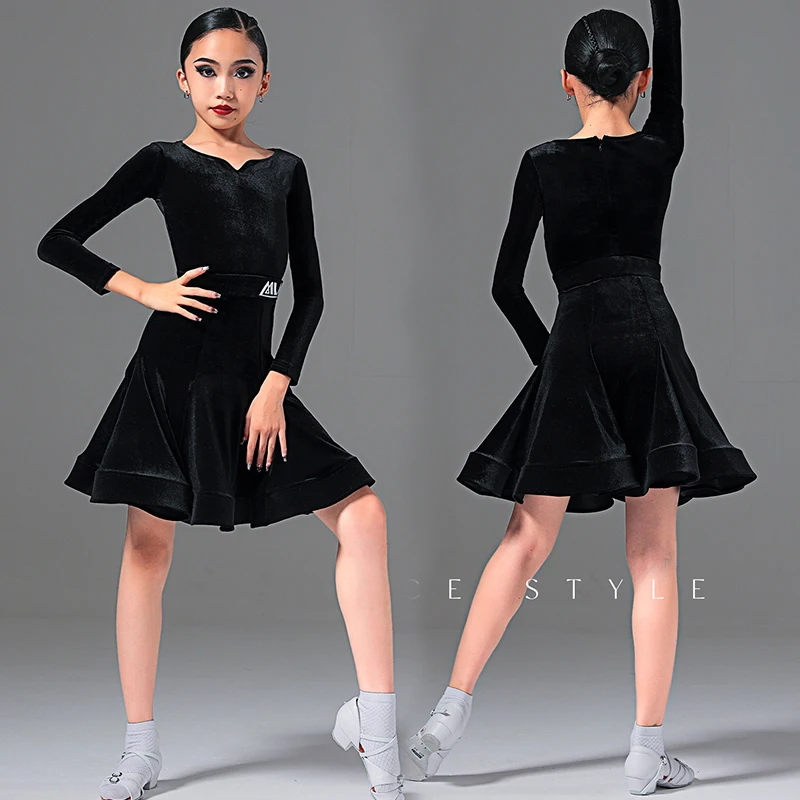 

Черное платье для соревнований по латинским танцам, зимний костюм для девочек, боди, комплект с юбкой, детская профессиональная танцевальная одежда, красный VBH2262