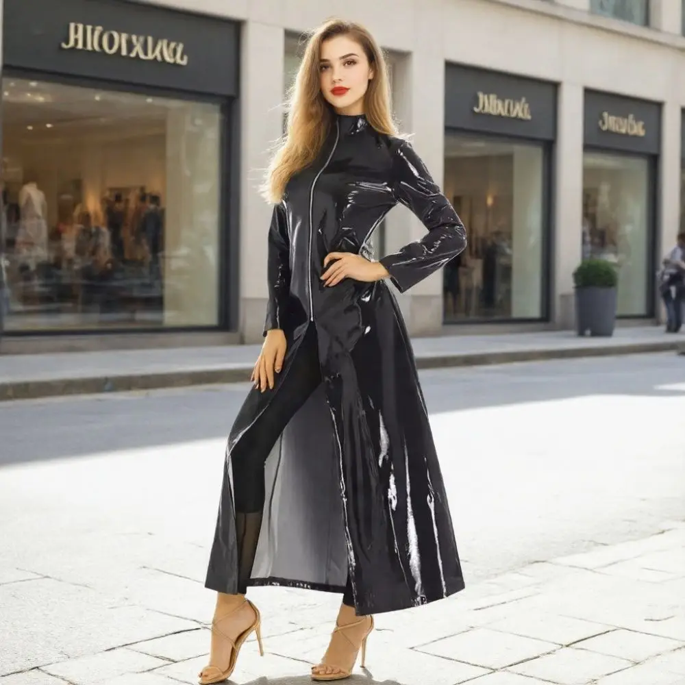 Women Bright Mirror Patent Leather Trench Coat Zipper Slit Wet Look Long Jacket Pvc Faux Pu Windbreaker Outwear Red Overcoat